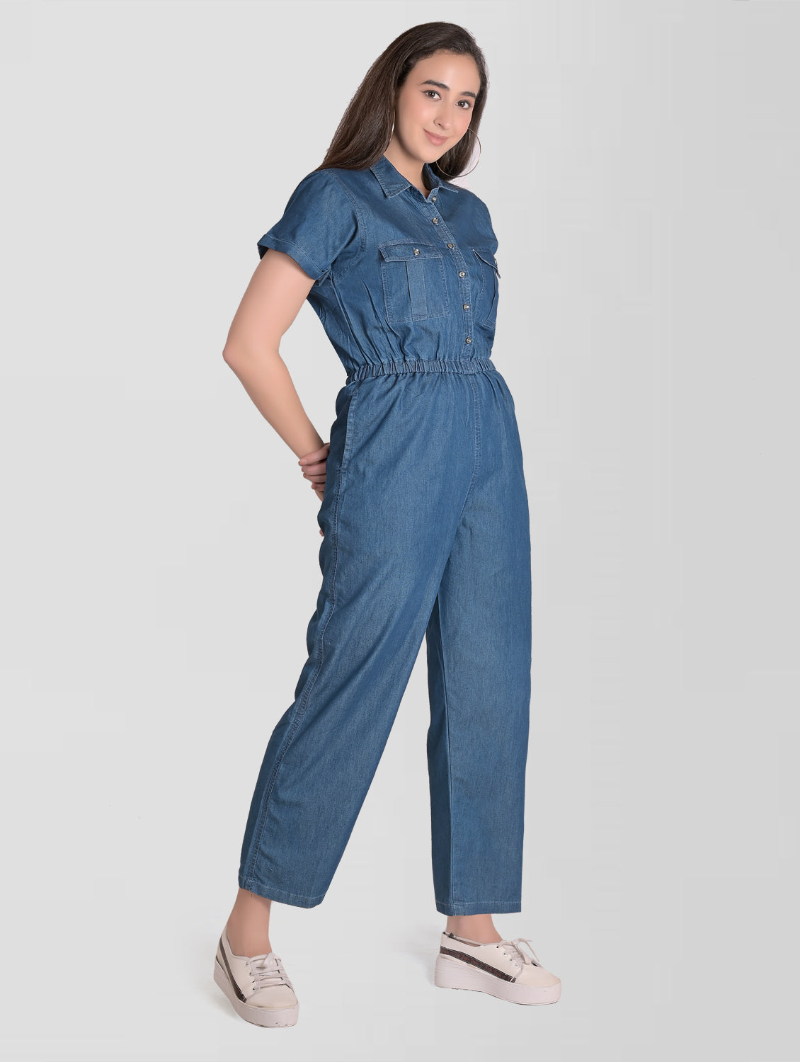 Cefalu®️ Women Denim Cotton Blue Jumpsuit