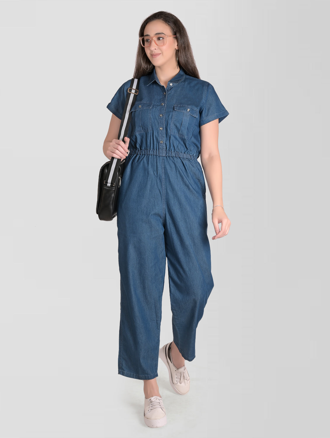 Cefalu®️ Women Denim Cotton Blue Jumpsuit