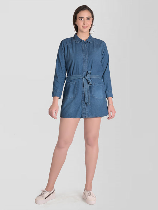 Front view of Women’s Blue Denim Shirt Dress with collared neckline and full sleeves, featuring a stylish belt and above-knee length.