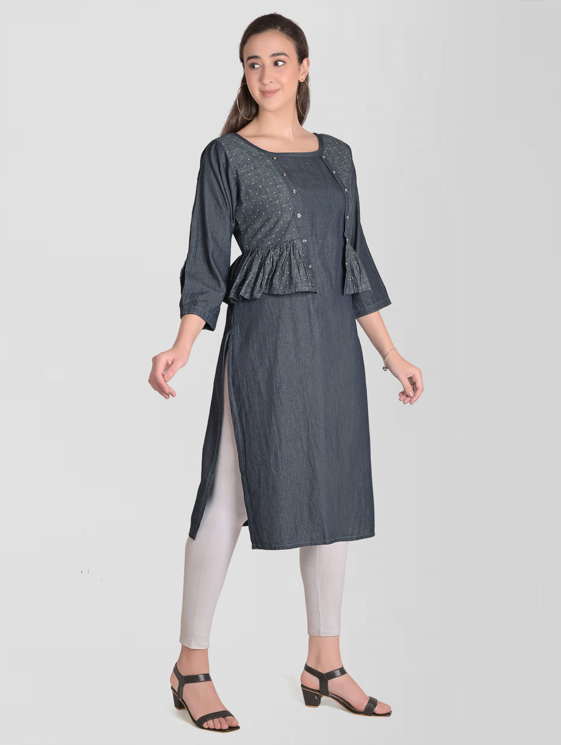 Side view of Cefalu Women’s Blue Denim Kurta featuring the attached jacket and 3/4 sleeve design