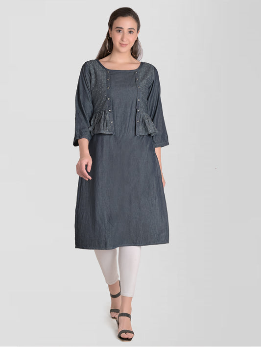 Cefalu Women’s Blue Denim Kurta - Full front view showcasing round neck, printed design, and attached jacket