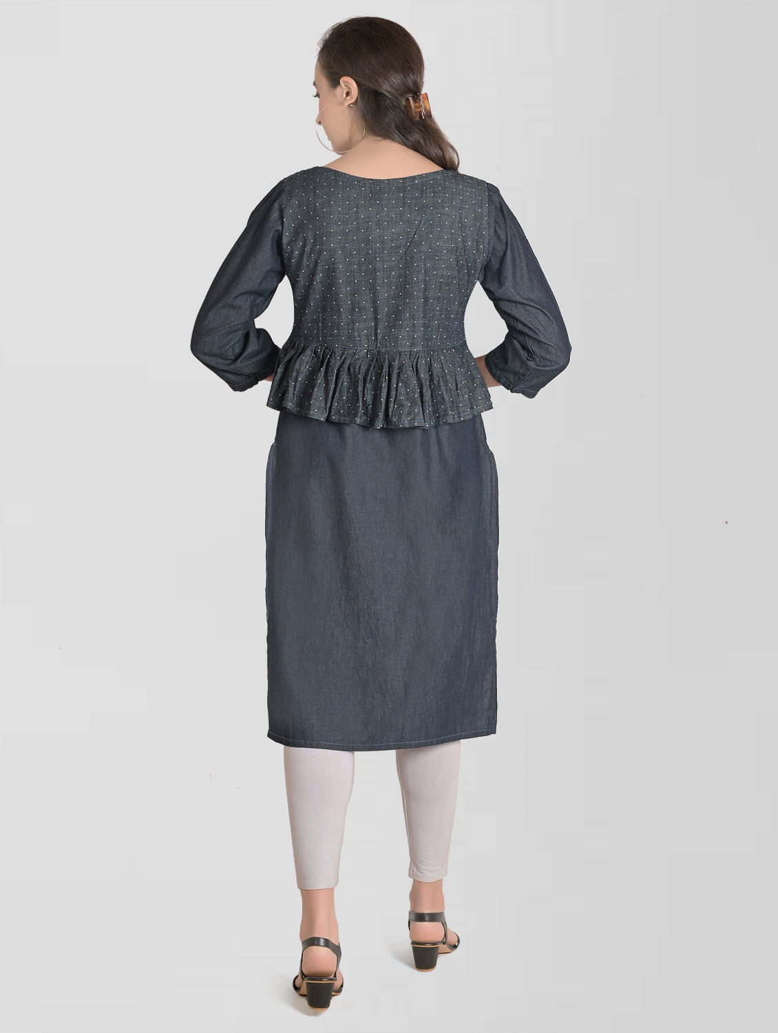 Back view of Cefalu Women’s Blue Denim Kurta displaying the full-length design and attached jacket