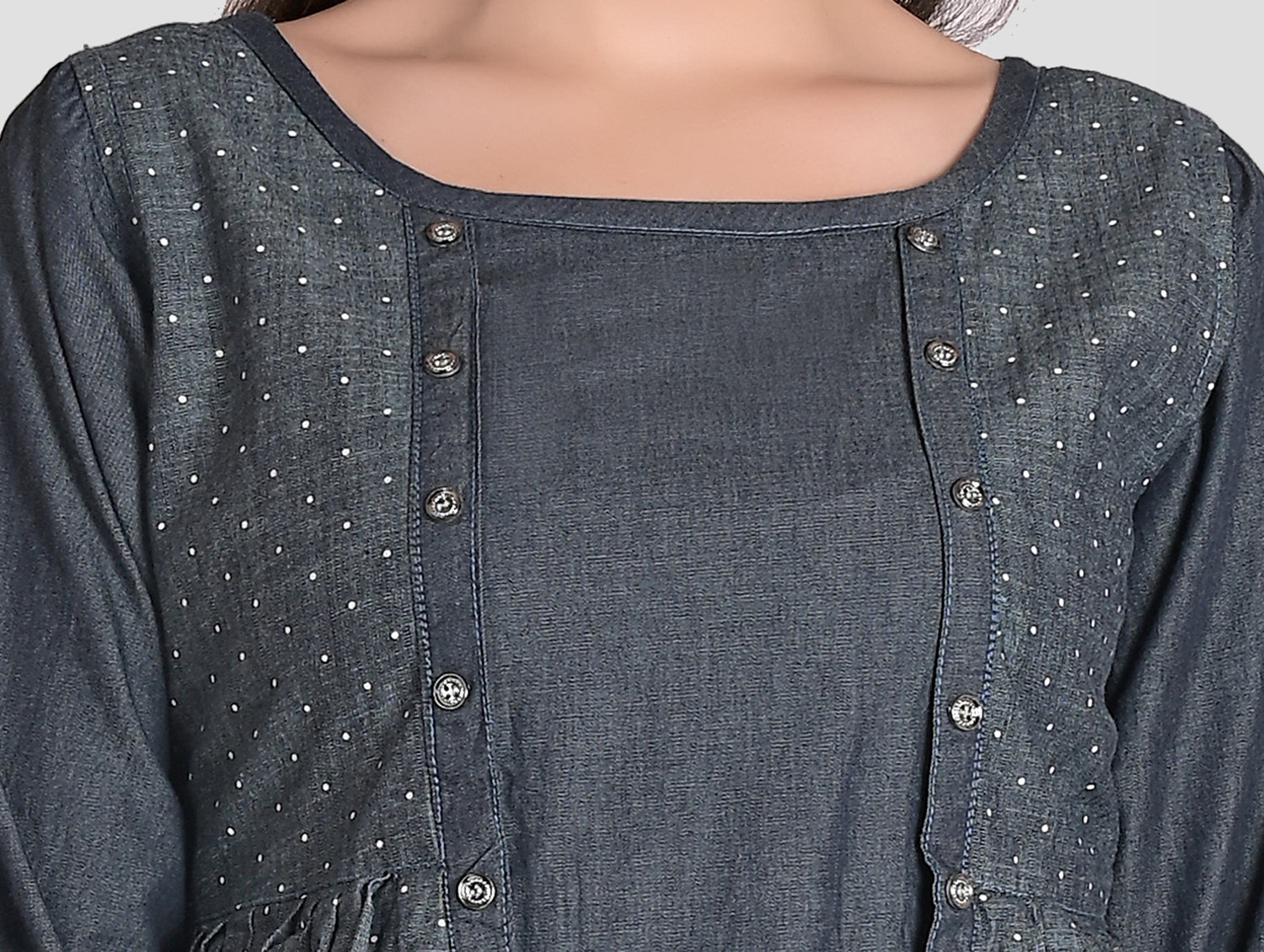 Close-up of Cefalu Women’s Blue Denim Kurta’s printed design, highlighting intricate patterns and detailing