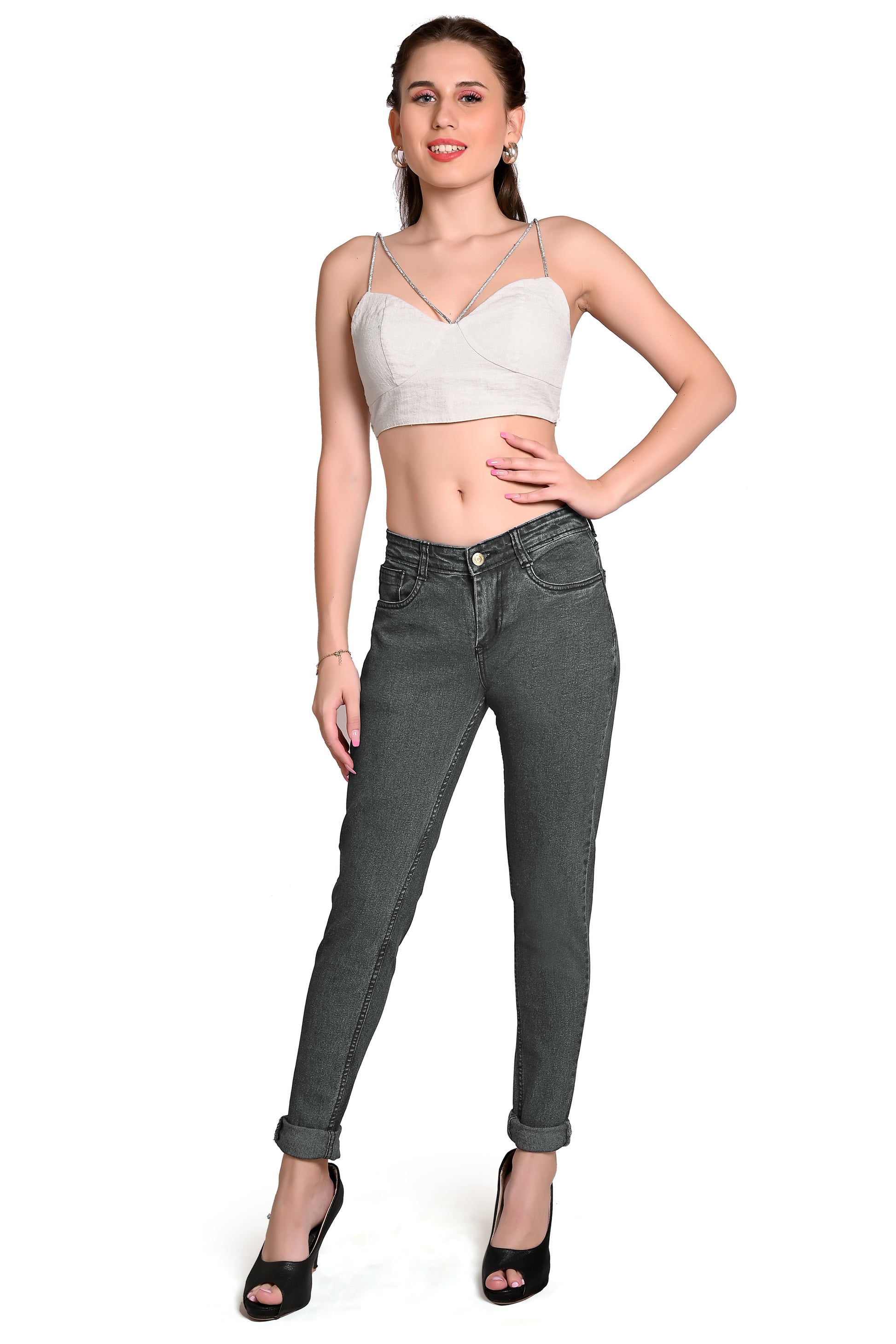 Full model view wearing Cefalu®️ Women’s Gray Denim Jeans, showcasing the fit, style, and color.