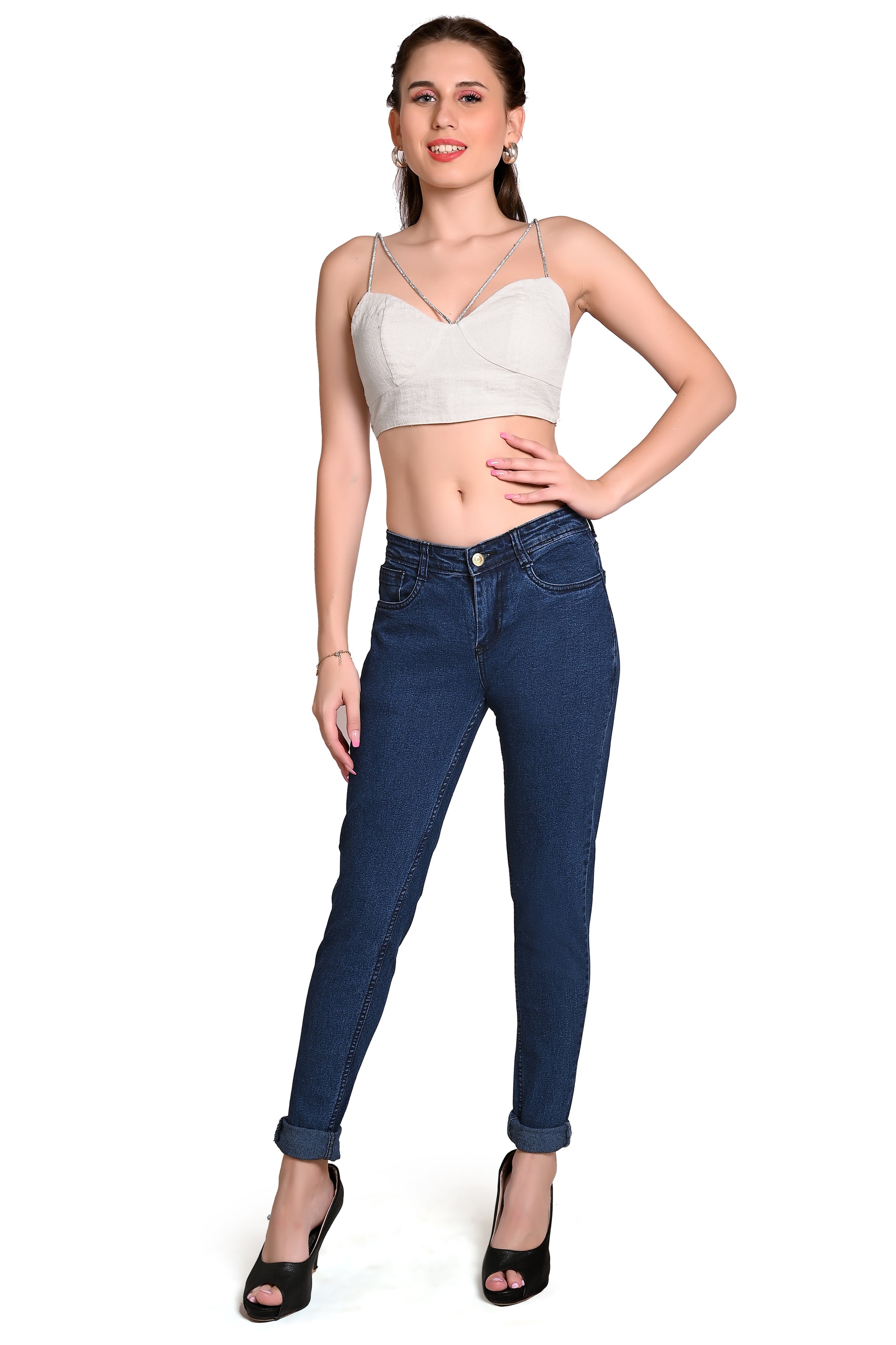 Full model view wearing Cefalu®️ Women’s Blue Denim Jeans, demonstrating the fit, style, and color.