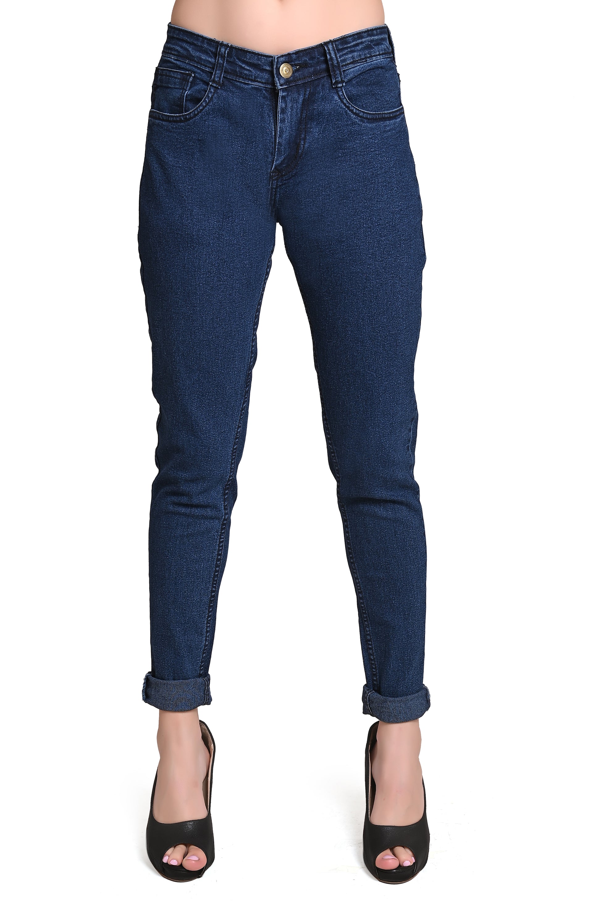 Front view of Cefalu®️ Women’s Dark Blue Denim Jeans, highlighting the slim fit and four pockets.