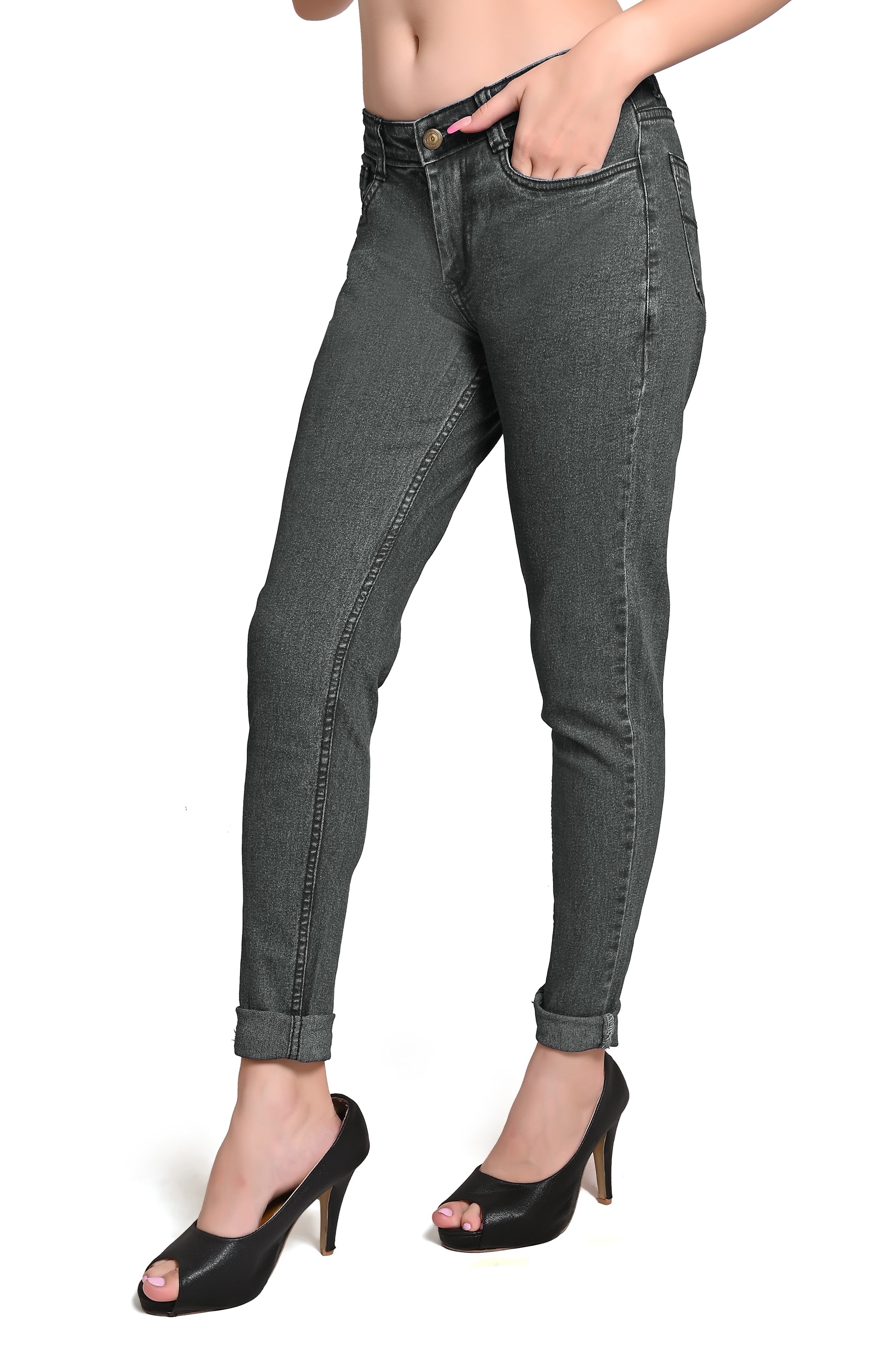 Left side view of Cefalu®️ Women’s Gray Denim Jeans, emphasizing the slim fit and pocket design.