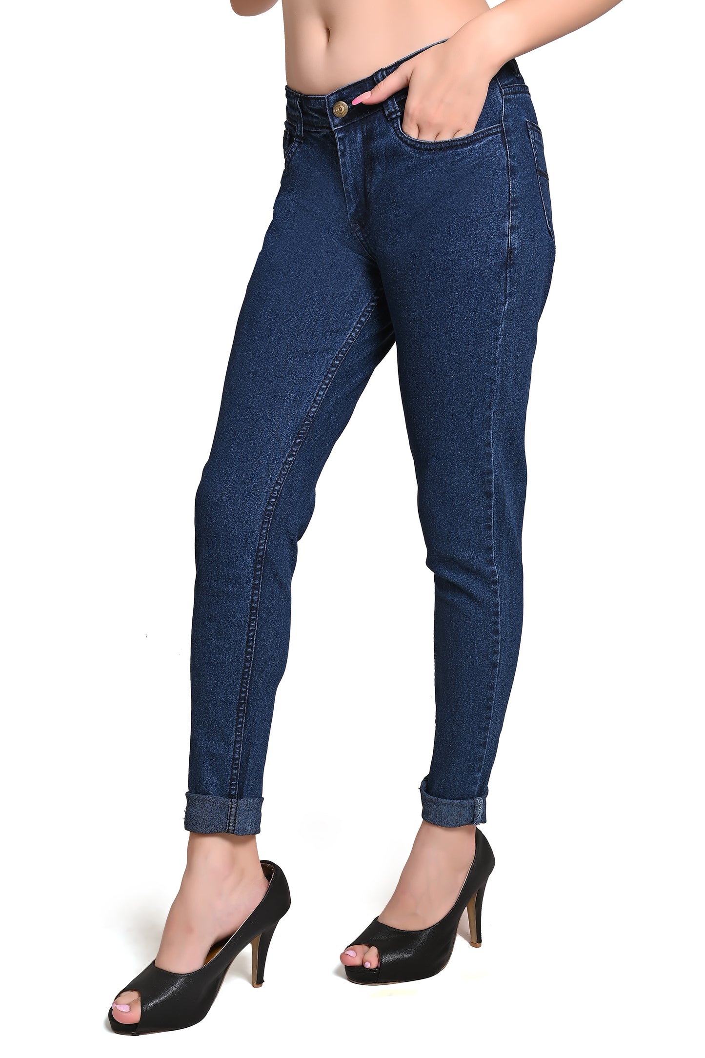 Left side view of Cefalu®️ Women’s Blue Denim Jeans, emphasizing the slim fit and pocket placement.