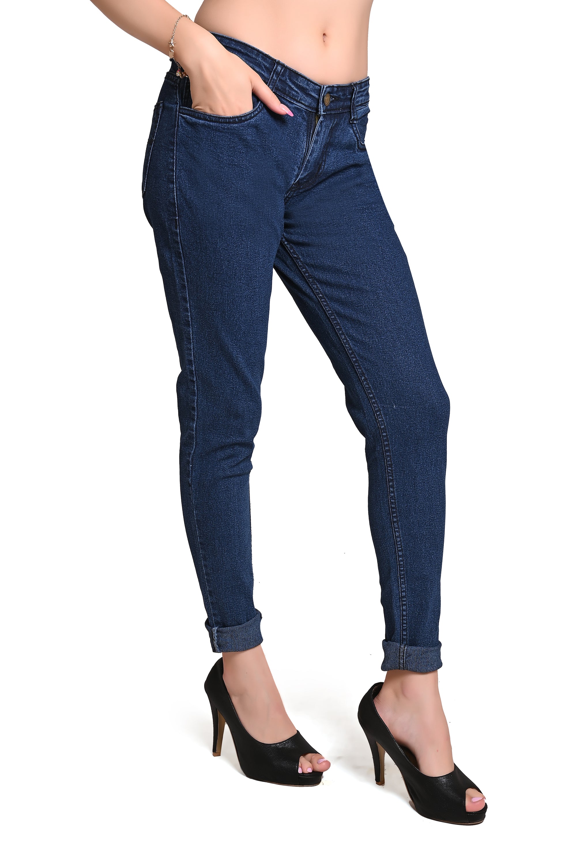 Right side view of Cefalu®️ Women’s Dark Blue Denim Jeans, demonstrating the fit and overall style.