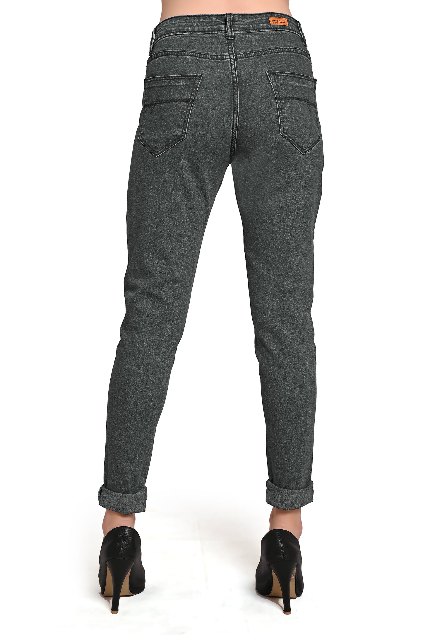 Back view of Cefalu®️ Women’s Gray Denim Jeans, showcasing the back pockets and mid-rise fit.