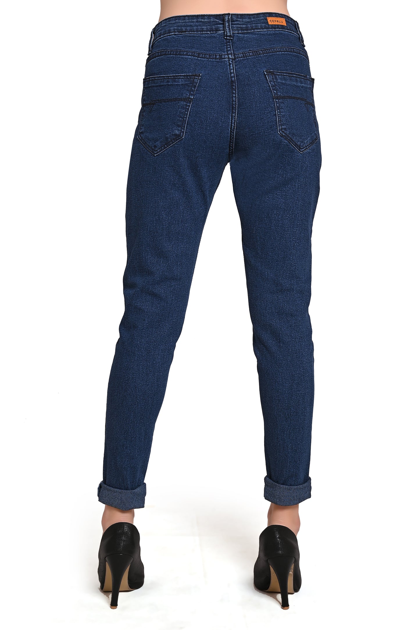 Back view of Cefalu®️ Women’s Blue Denim Jeans, featuring the back pockets and mid-rise fit.