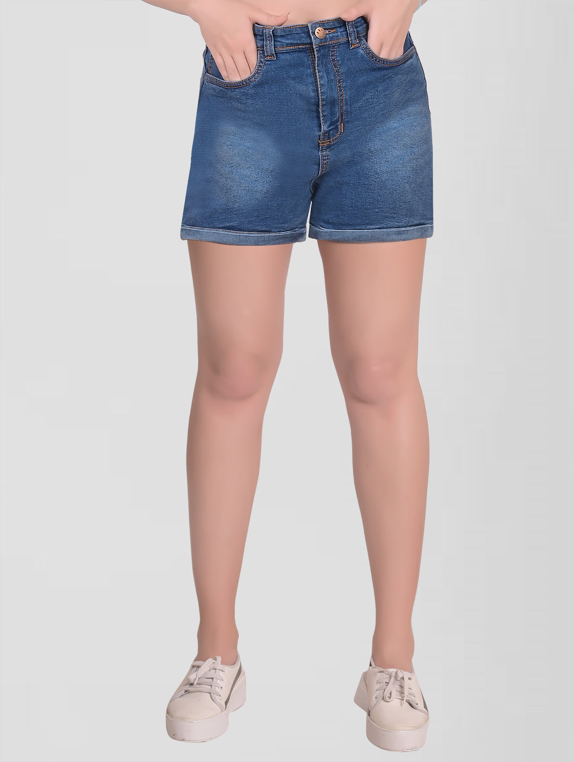 Women Light Blue Denim Cotton Shorts