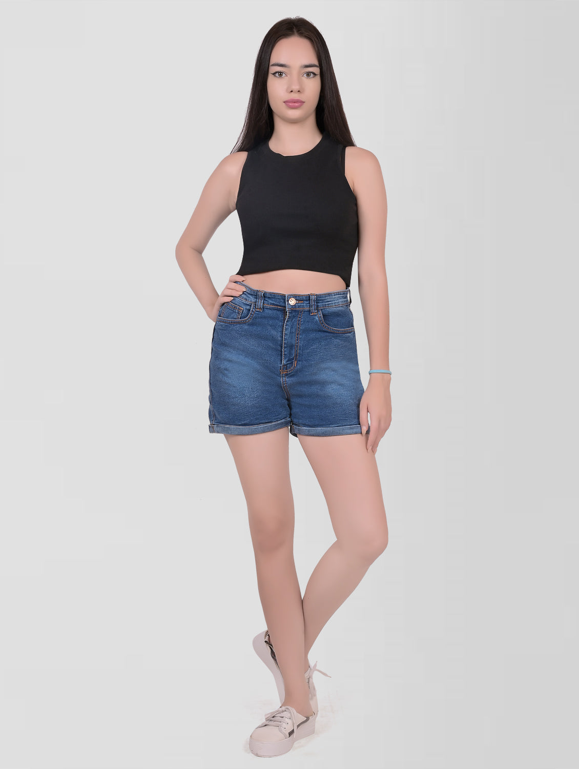 Women Light Blue Denim Cotton Shorts