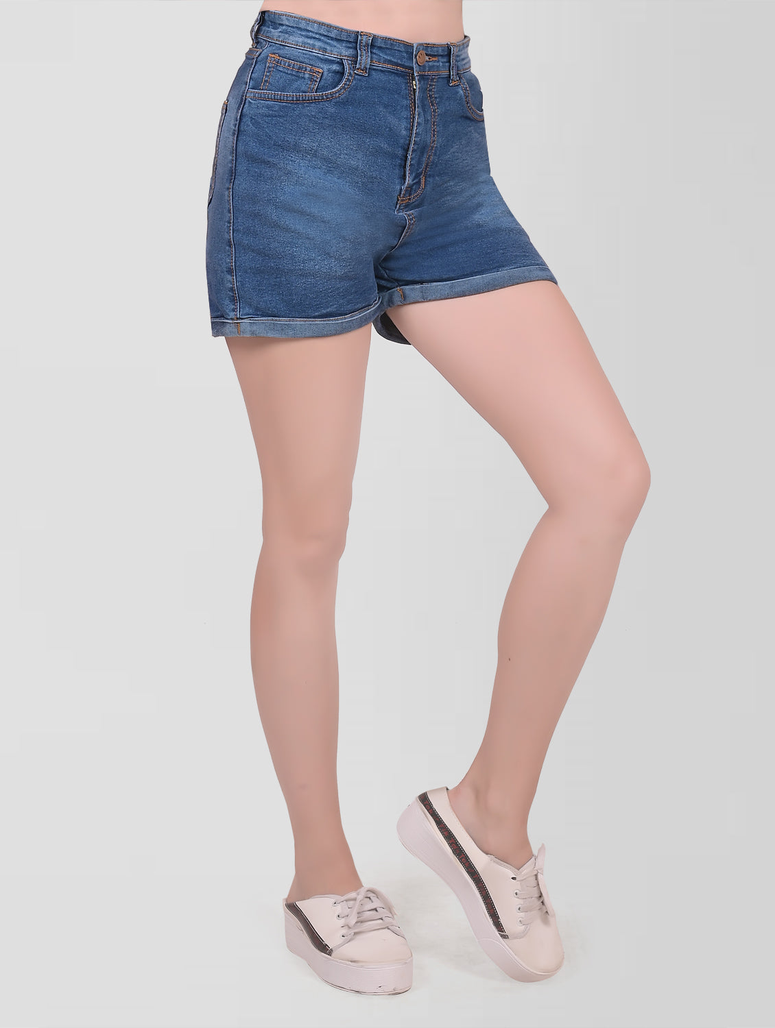 Women Light Blue Denim Cotton Shorts