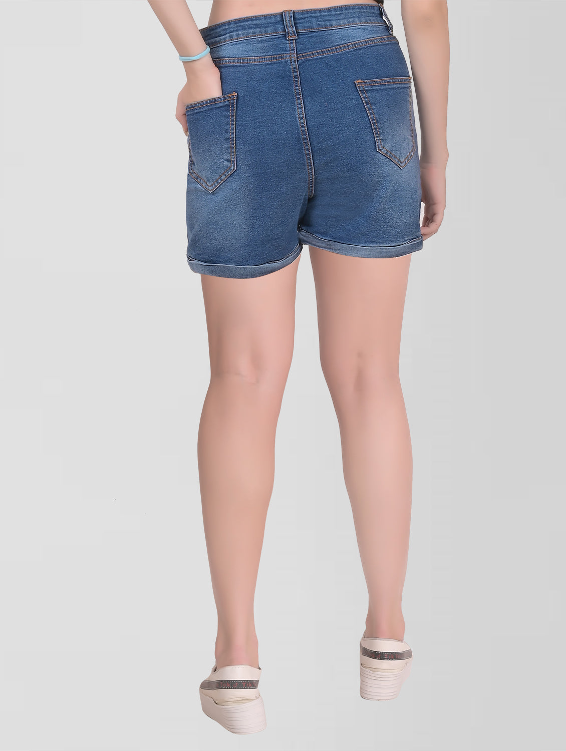 Women Light Blue Denim Cotton Shorts