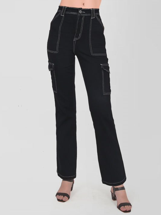 Cefalu®️ Women Jet Black High Rise Cargo Jeans