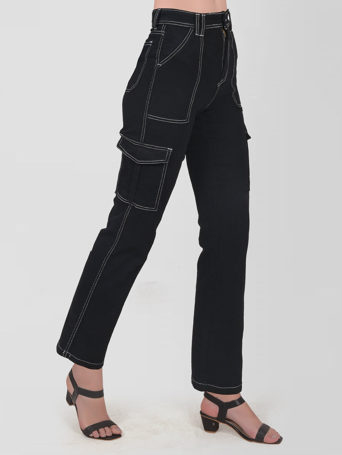 Cefalu®️ Women Jet Black High Rise Cargo Jeans