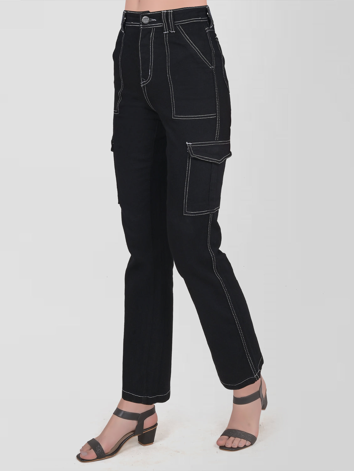 Cefalu®️ Women Jet Black High Rise Cargo Jeans