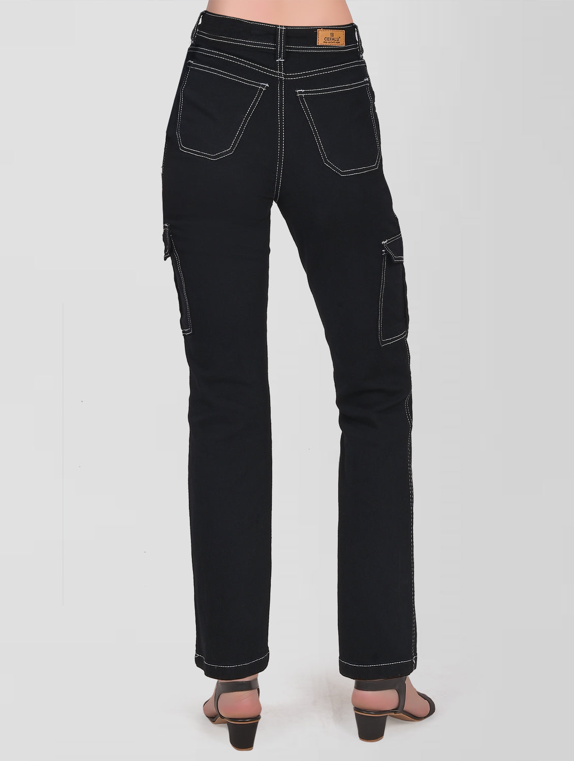 Cefalu®️ Women Jet Black High Rise Cargo Jeans