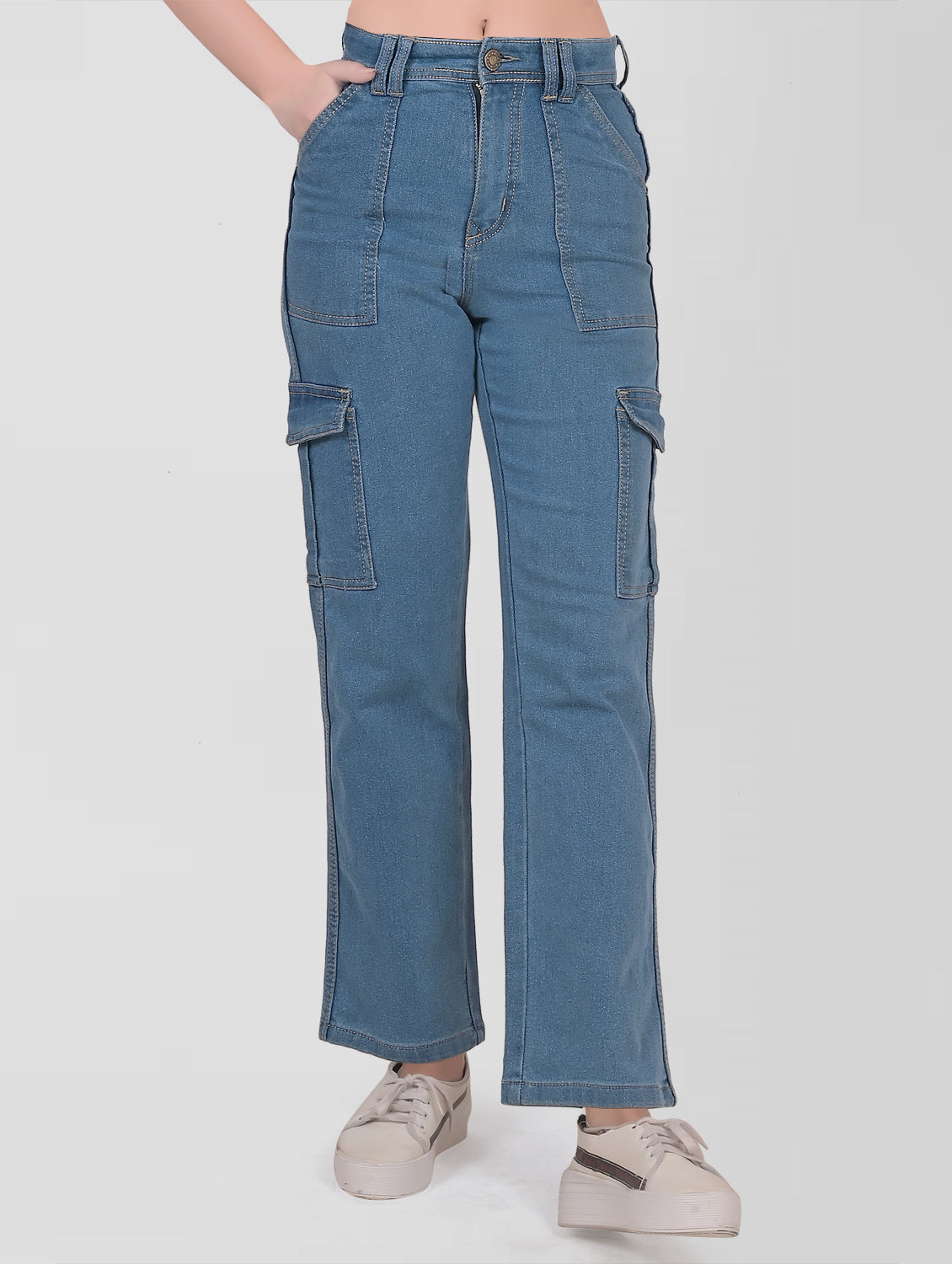 Cefalu®️ Women Light Blue High Rise Cargo Jeans