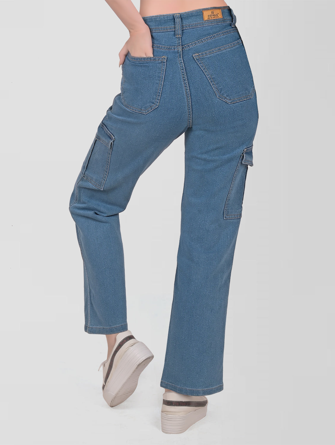 Cefalu®️ Women Light Blue High Rise Cargo Jeans