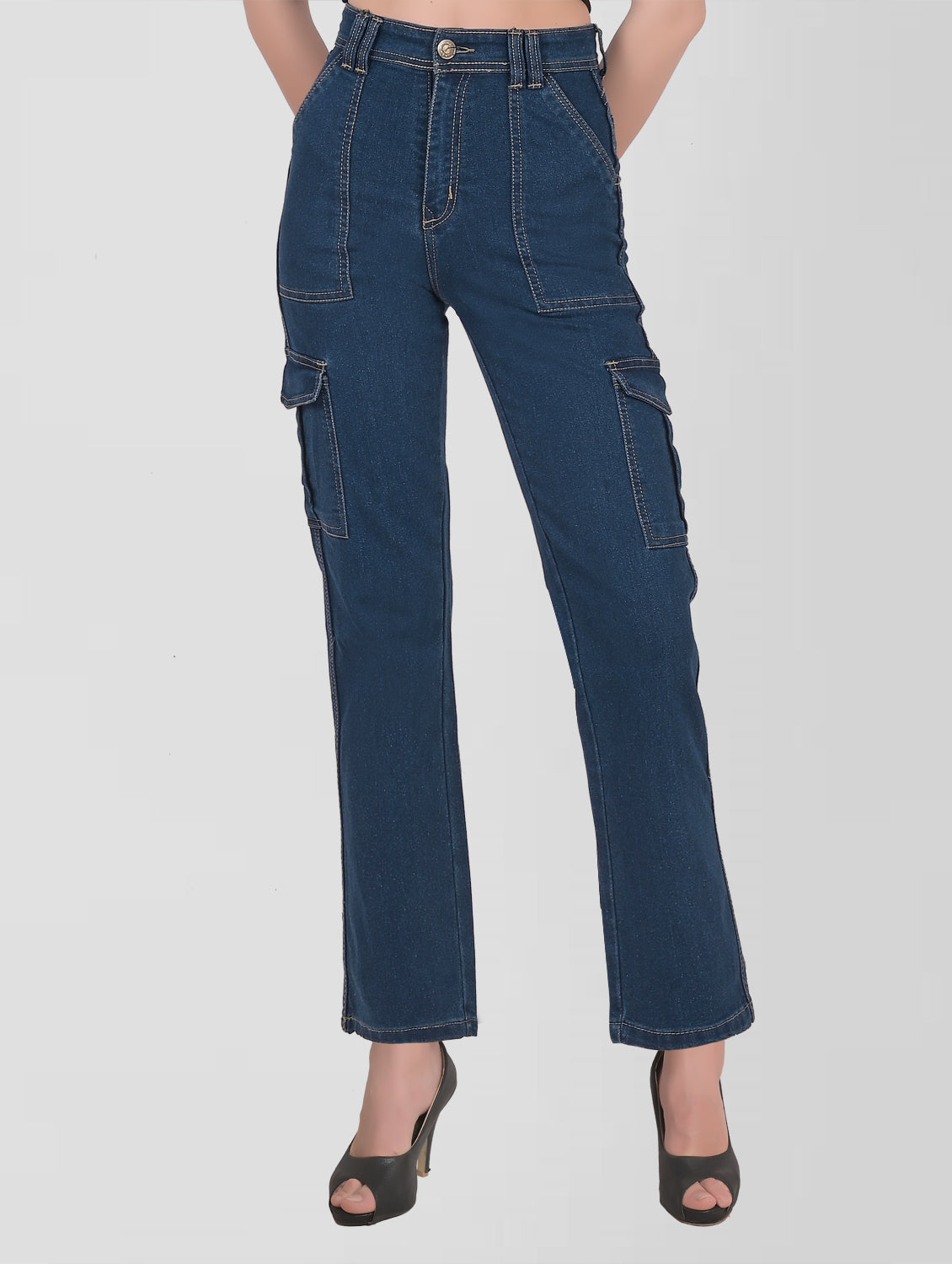 Cefalu®️ Women Mid Blue High Rise Cargo Jeans