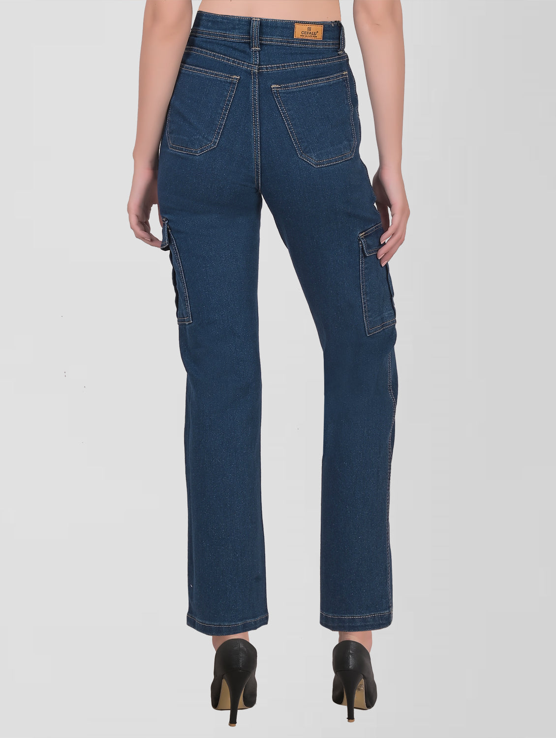 Cefalu®️ Women Mid Blue High Rise Cargo Jeans