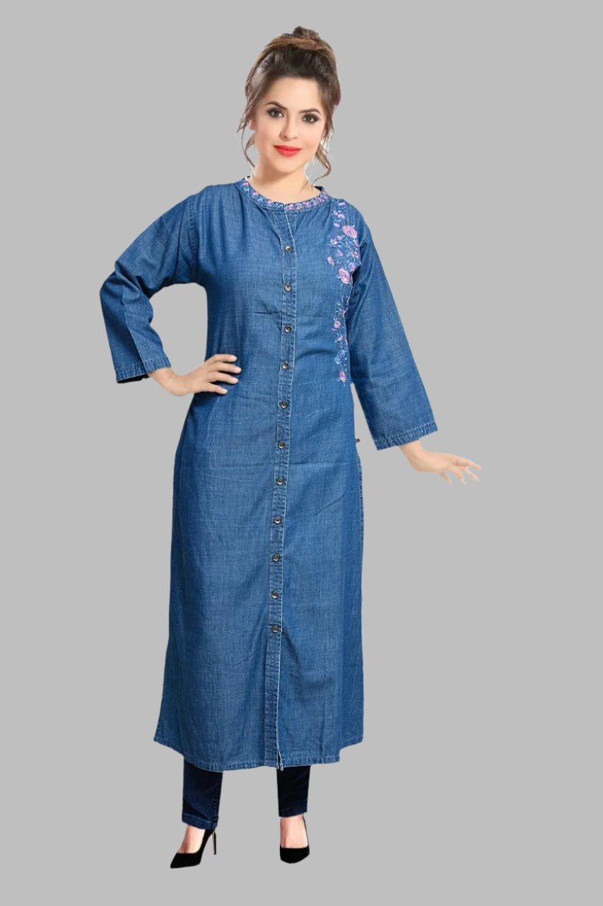 Cefalu Women Embroidered Cotton Blend Ethnic Blue Kurtis