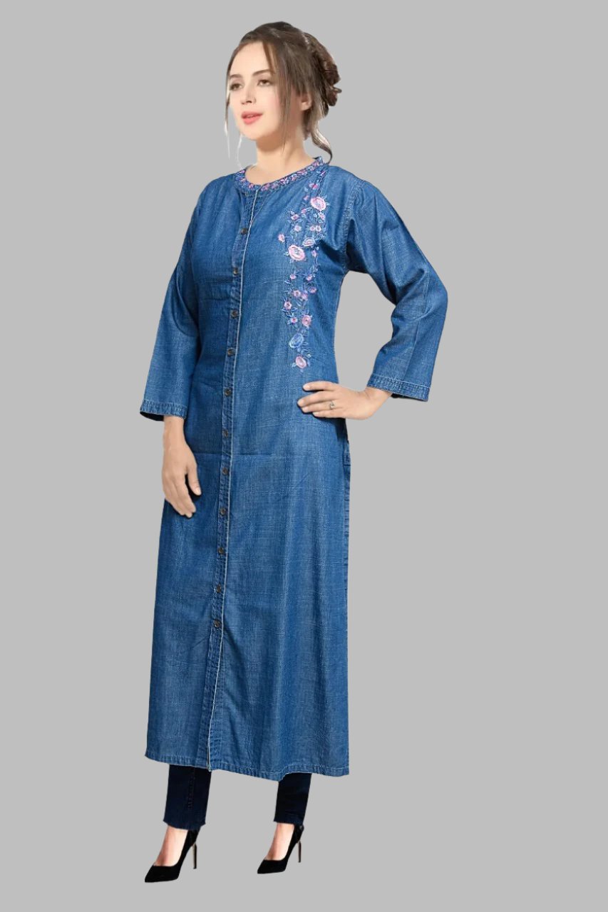 Cefalu Women Embroidered Cotton Blend Ethnic Blue Kurtis