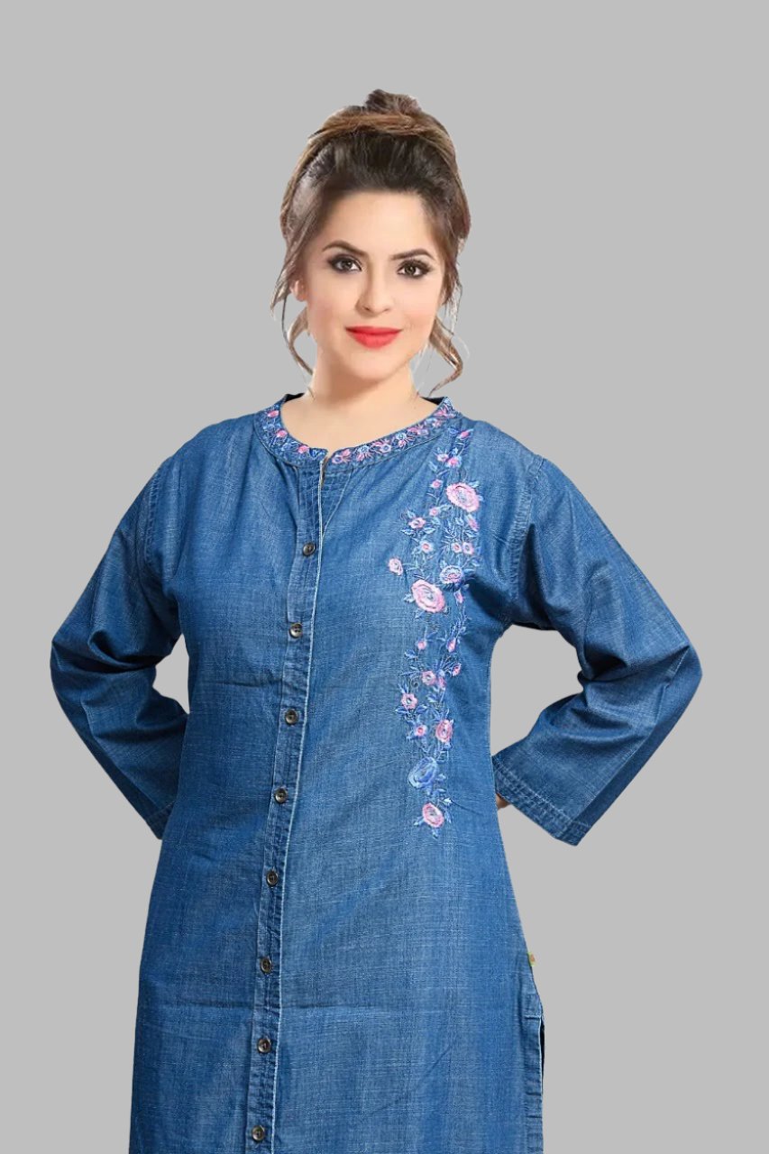 Cefalu Women Embroidered Cotton Blend Ethnic Blue Kurtis