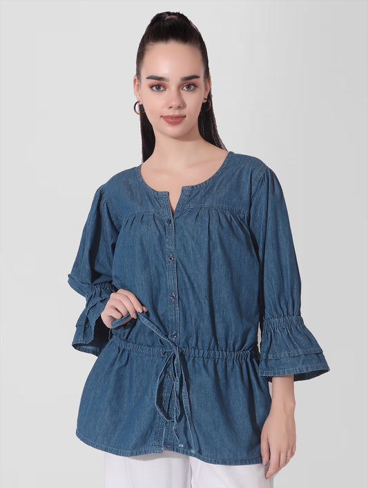 Casual Bell Sleeves Women’s Blue Denim Top - Full front view showcasing fit & flare design, bell sleeves, and Henley neck.