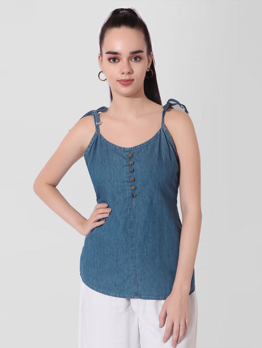 Cefalu Women's Blue Denim Crop Top – Sleeveless with Boat Neck and Silver Buttons