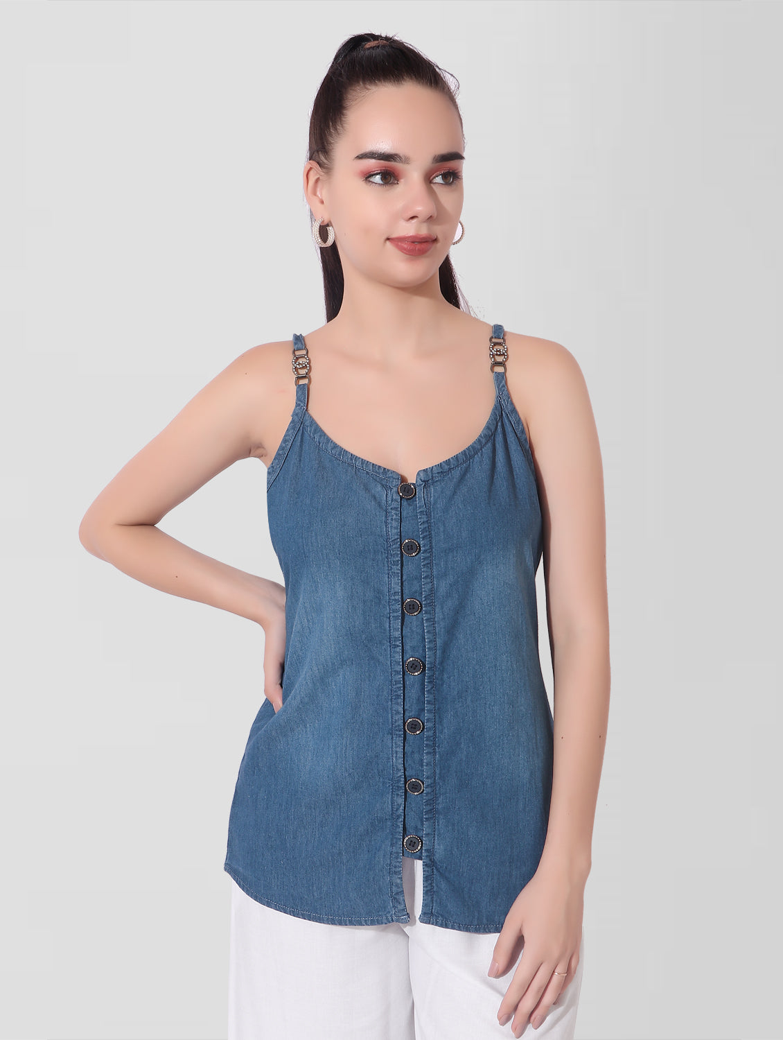 Cefalu®️ Women Navy Blue Relaxed Fit Shoulder Strap Cami Top