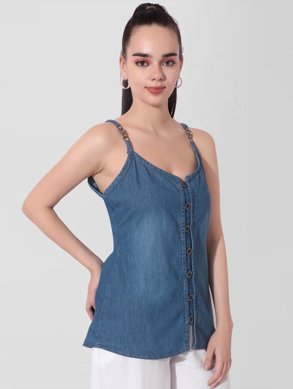 Cefalu®️ Women Navy Blue Relaxed Fit Shoulder Strap Cami Top