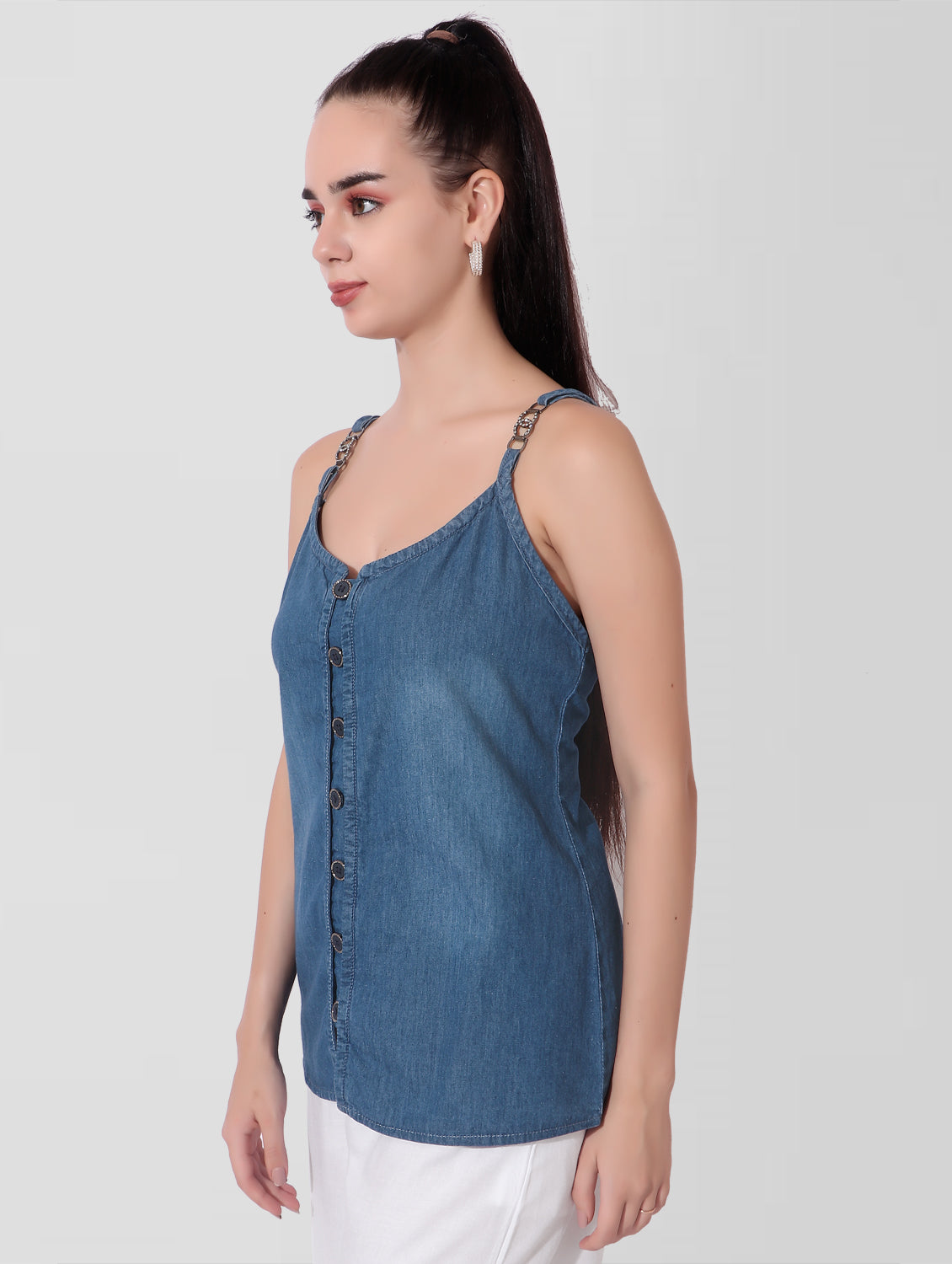 Cefalu®️ Women Navy Blue Relaxed Fit Shoulder Strap Cami Top