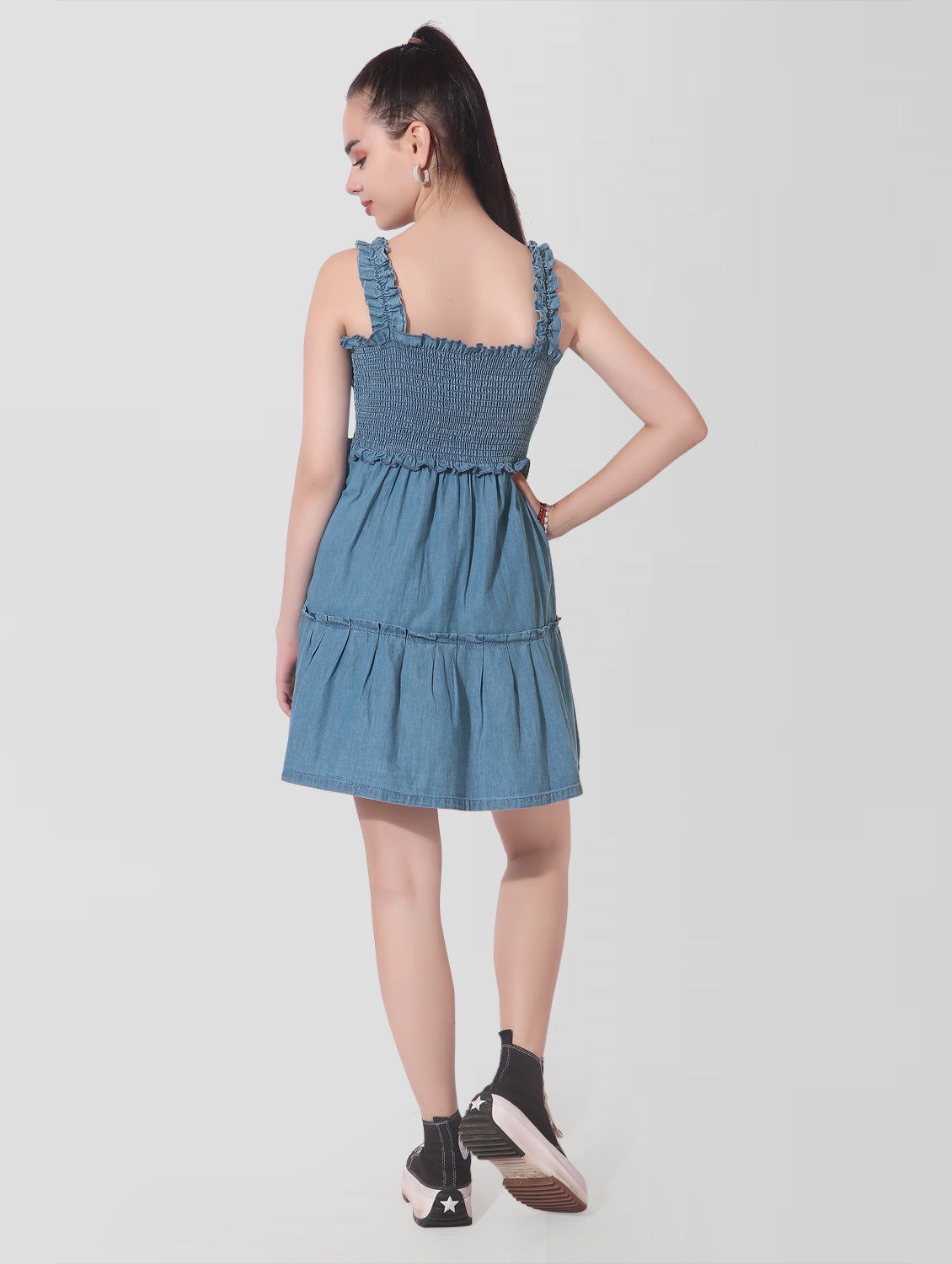 Cefalu®️ Women Blue Denim Smocked Sleeveless Dress