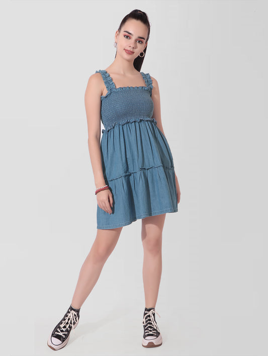Denim Smocked Sleeveless Dress