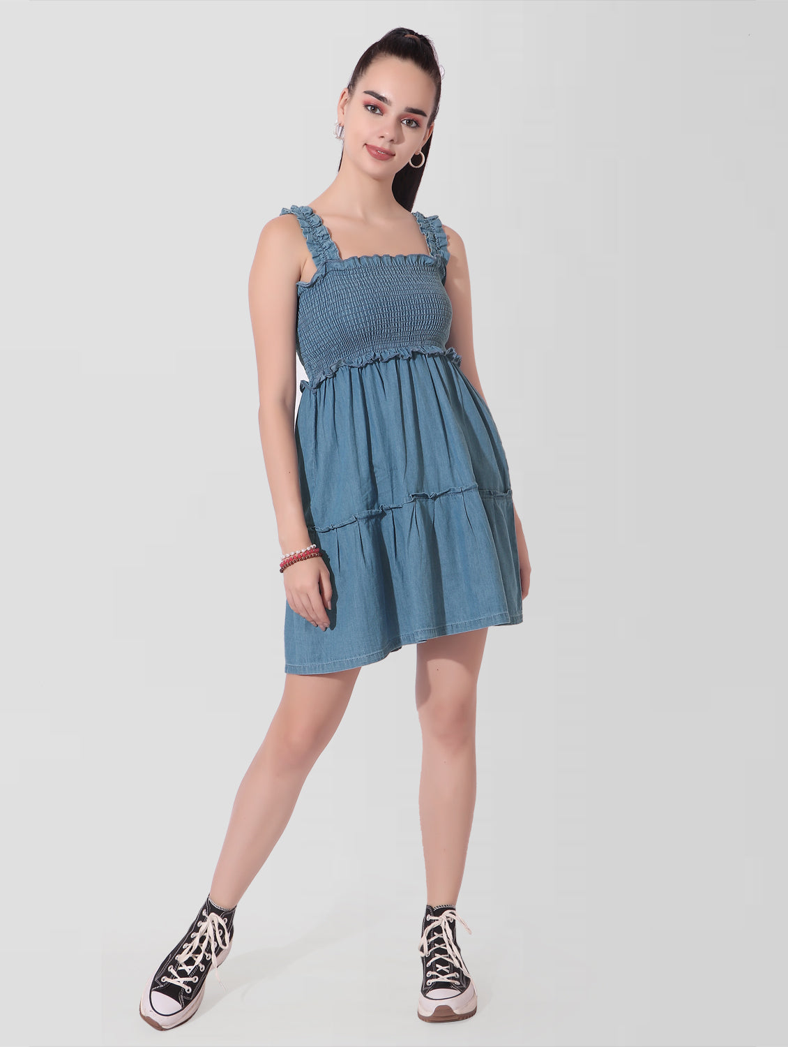 Cefalu®️ Women Blue Denim Smocked Sleeveless Dress