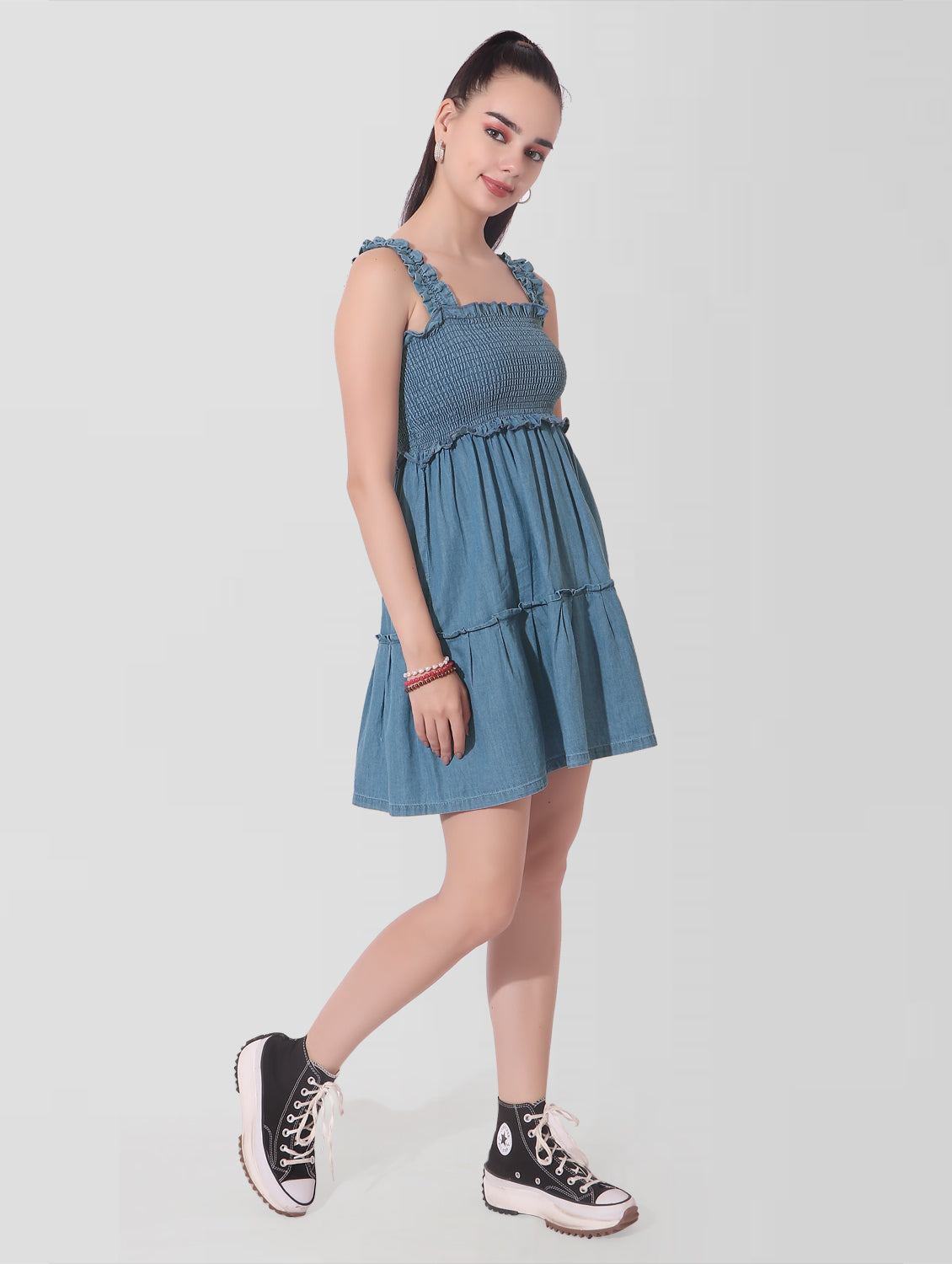 Cefalu®️ Women Blue Denim Smocked Sleeveless Dress