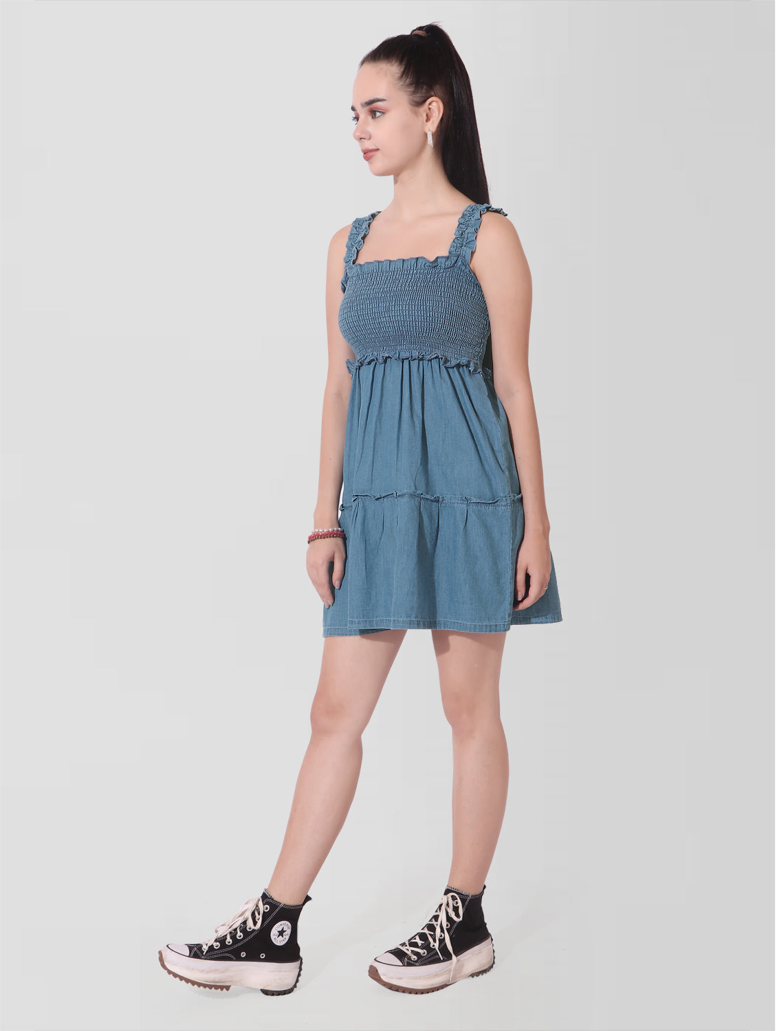 Cefalu®️ Women Blue Denim Smocked Sleeveless Dress