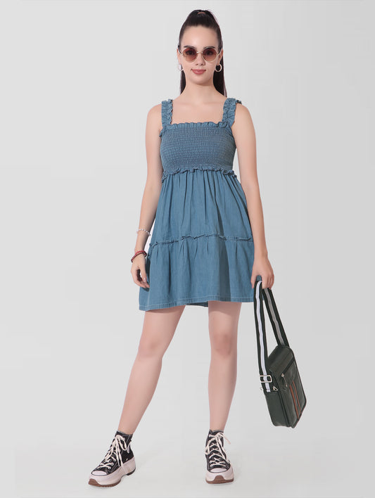 Denim Smocked Sleeveless Dress
