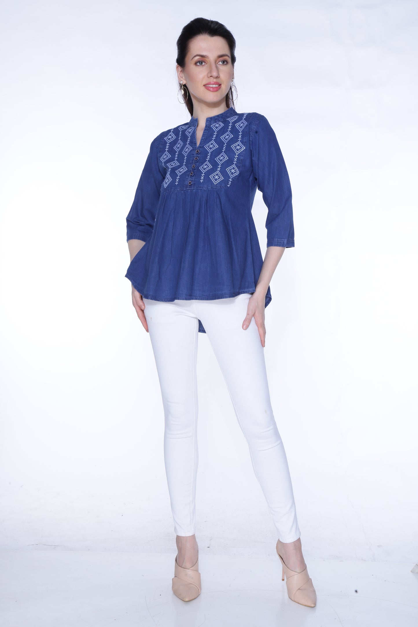 Full View of Cefalu®️ Women’s Embroidered Dark Blue Cotton Top on Model – Casual Style