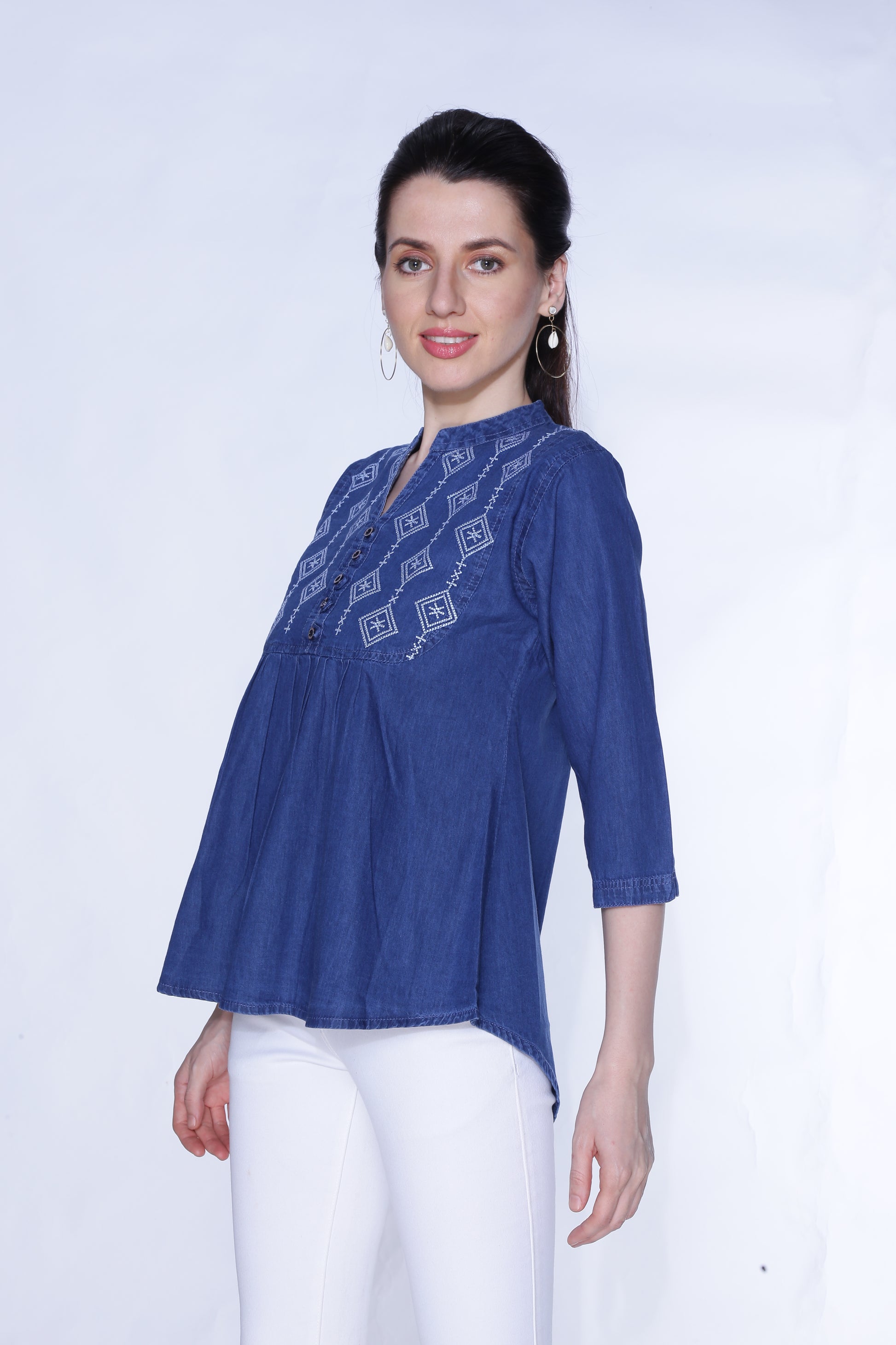 Cefalu®️ Women’s Embroidered Dark Blue Cotton Top – Side View Highlighting 3/4 Sleeves