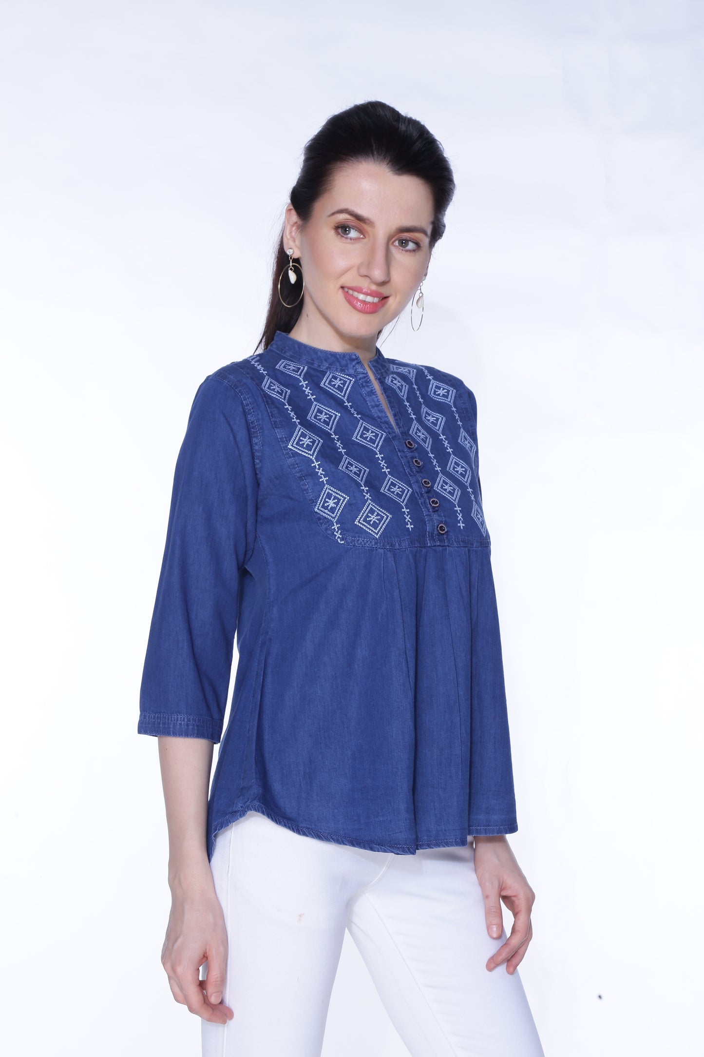 Cefalu®️ Women’s Embroidered Dark Blue Cotton Top – Side View Highlighting 3/4 Sleeves