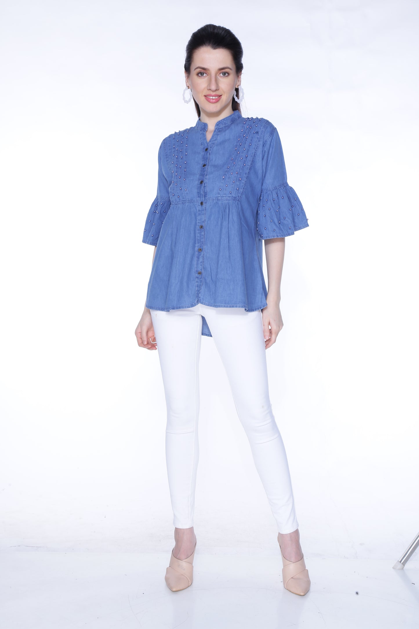 Full View of Cefalu®️ Women’s Blue Embellished Denim Top on Model – Casual Look