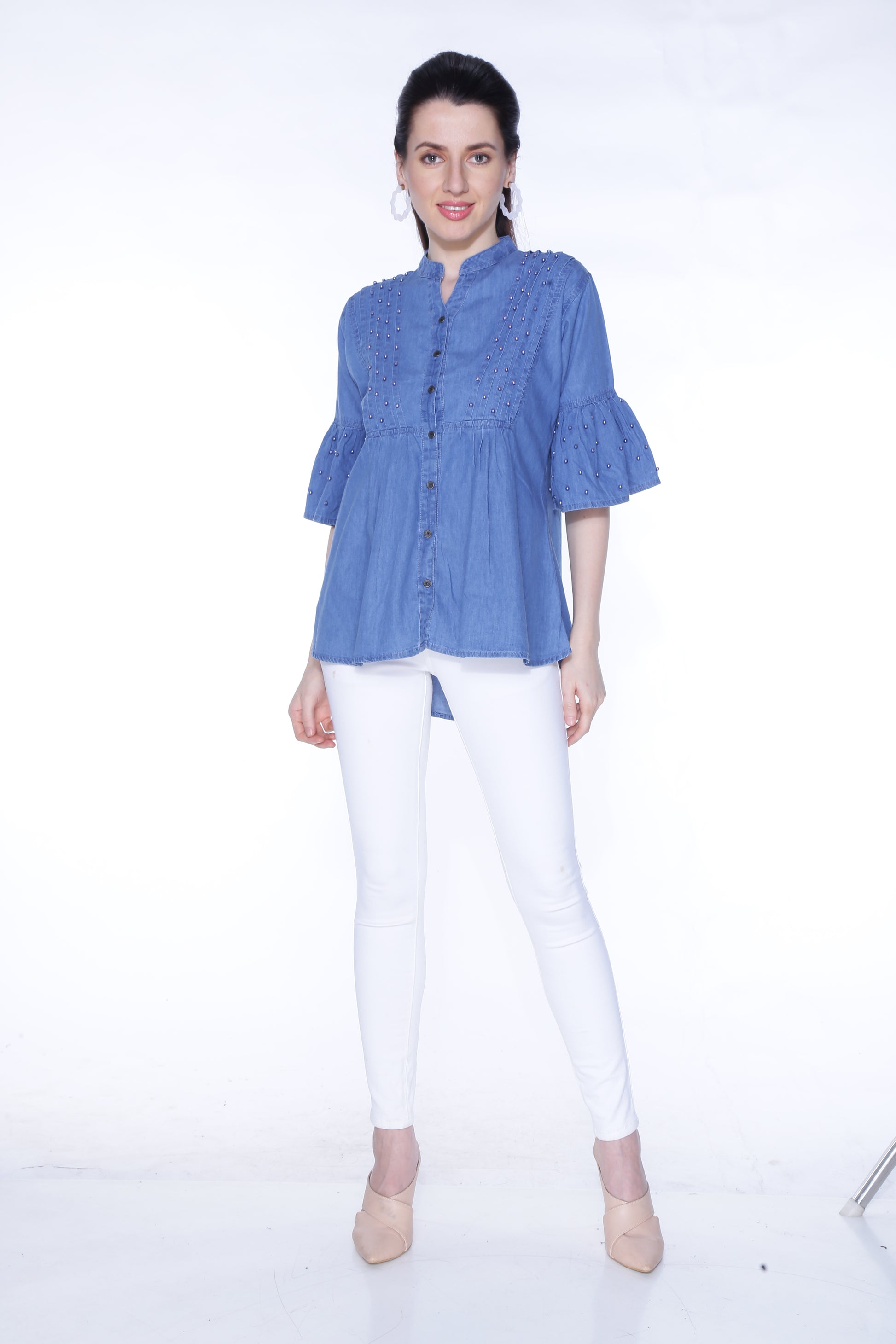 Full View of Cefalu®️ Women’s Blue Embellished Denim Top on Model – Casual Look