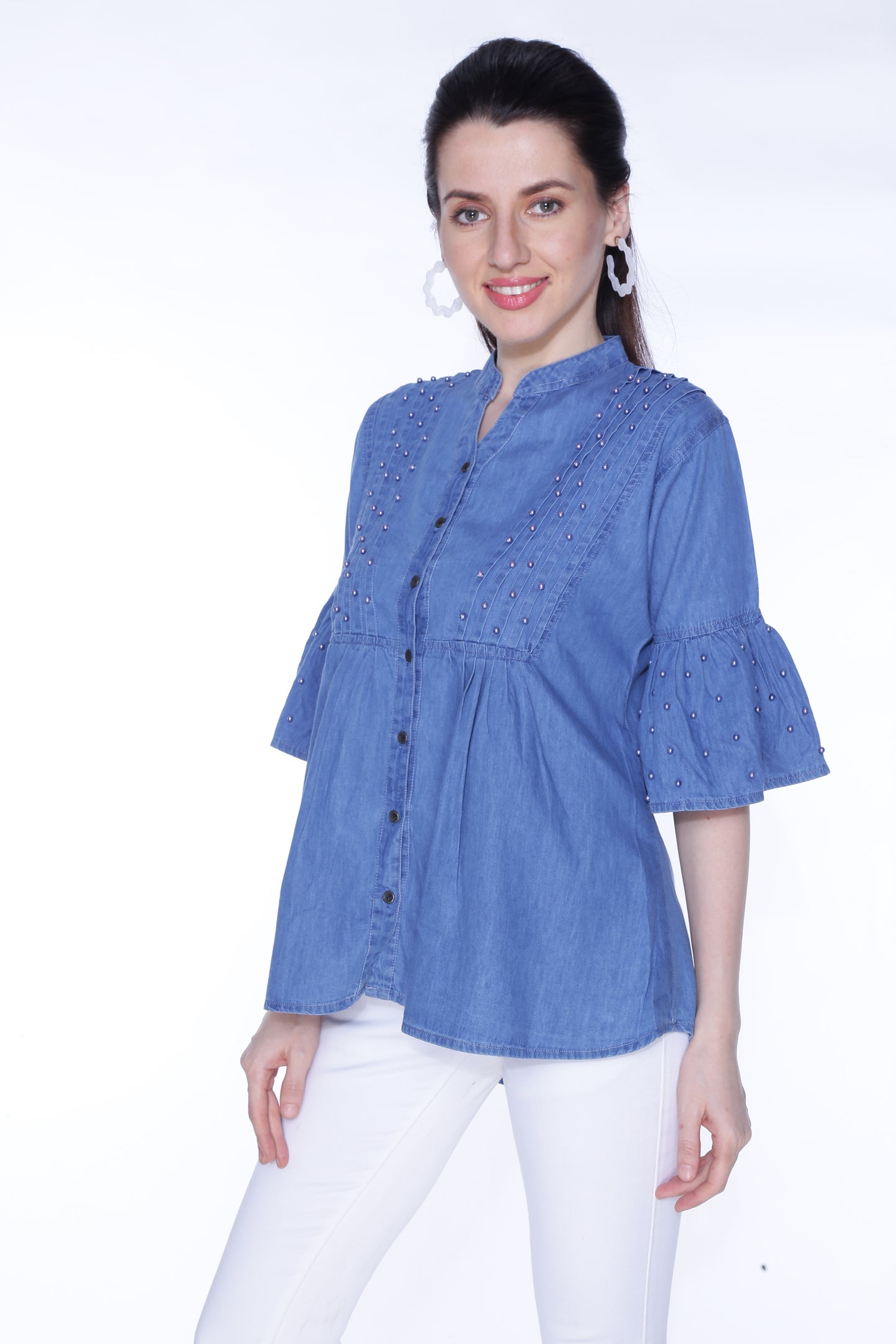 Cefalu®️ Women’s Blue Embellished Denim Top – Side View Highlighting 3/4 Sleeves