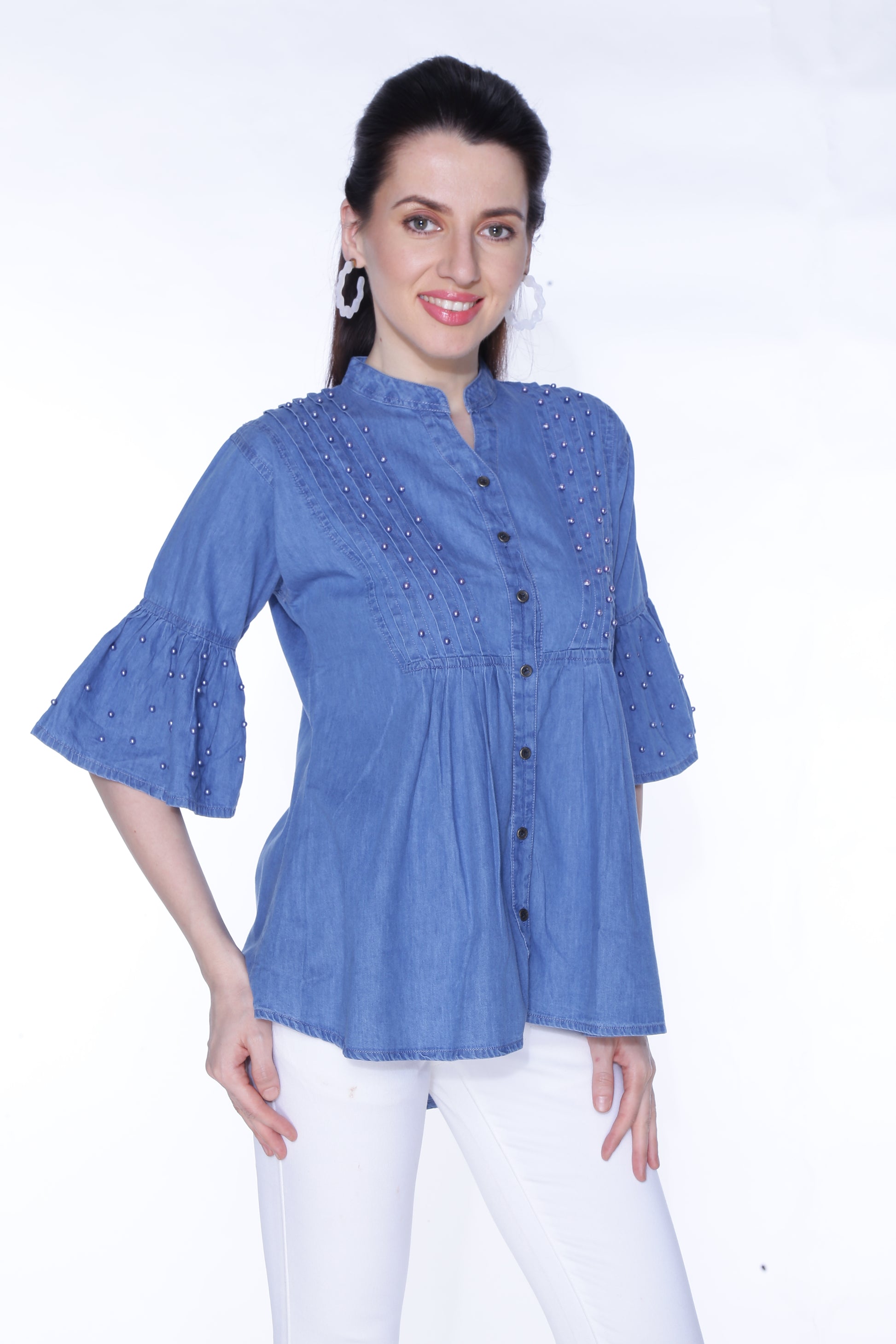 Cefalu®️ Women’s Blue Embellished Denim Top – Side View Highlighting 3/4 Sleeves