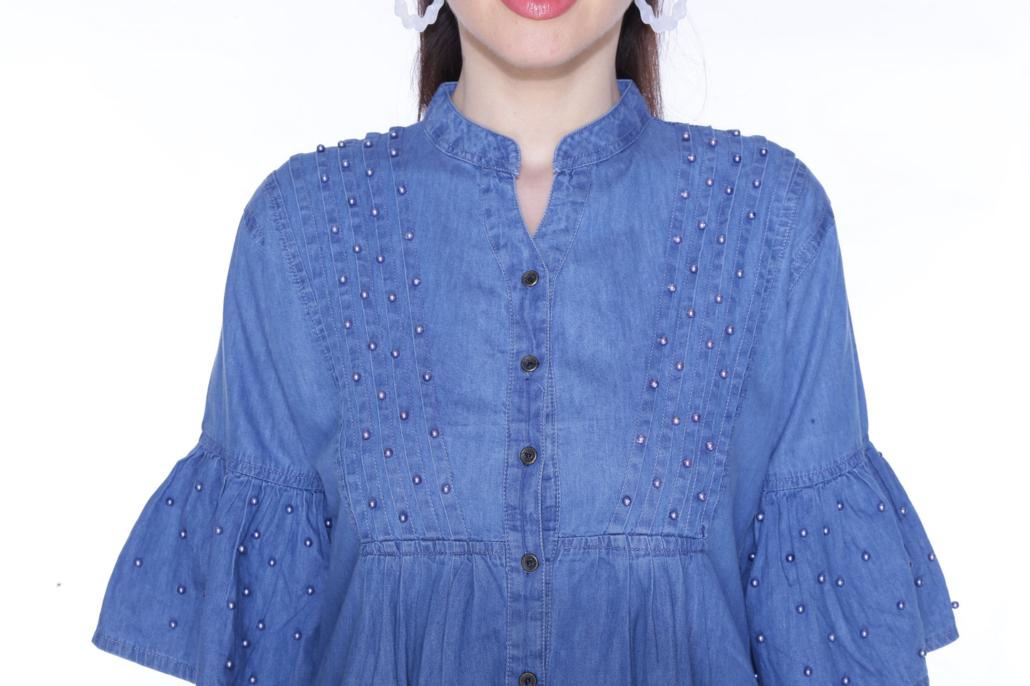 Close-Up of Cefalu®️ Women’s Embellished Blue Denim Top – Detailing and Embellishments