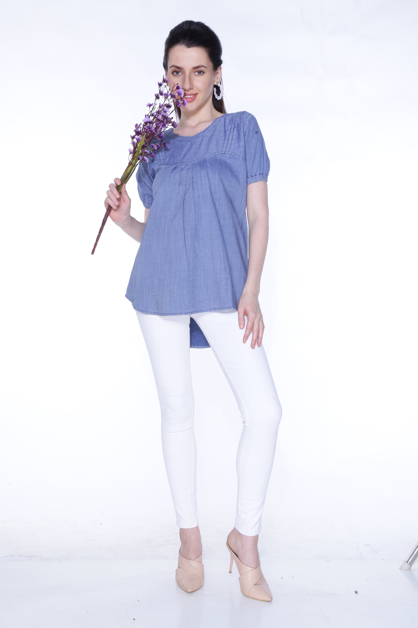 Full model view of Cefalu®️ Women's Blue Denim Top, displayed in a stylish, casual outfit for a complete look.